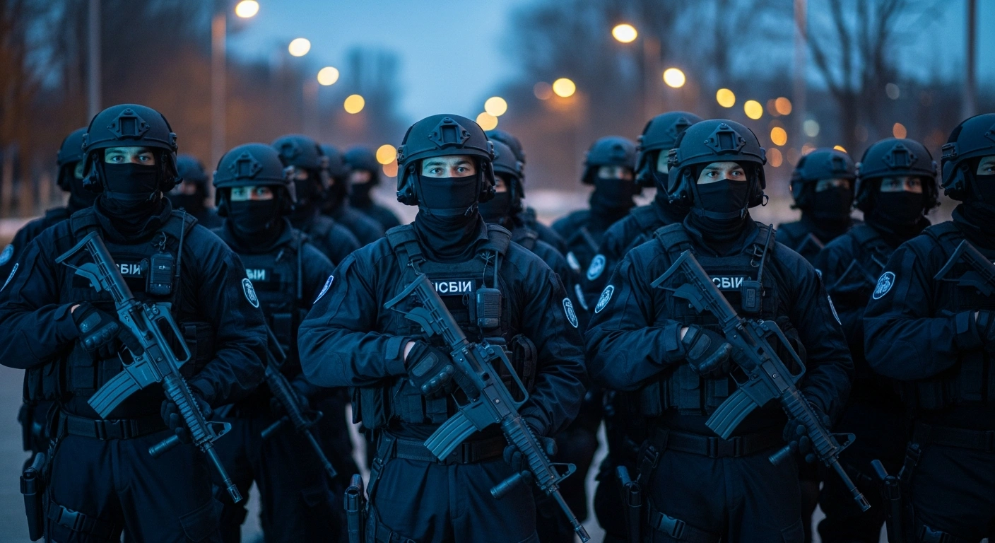 Security personnel from the Rapid Action Battalion and law enforcement stand guard in Bangladesh to maintain order during the July Mass Uprising Day commemorations.