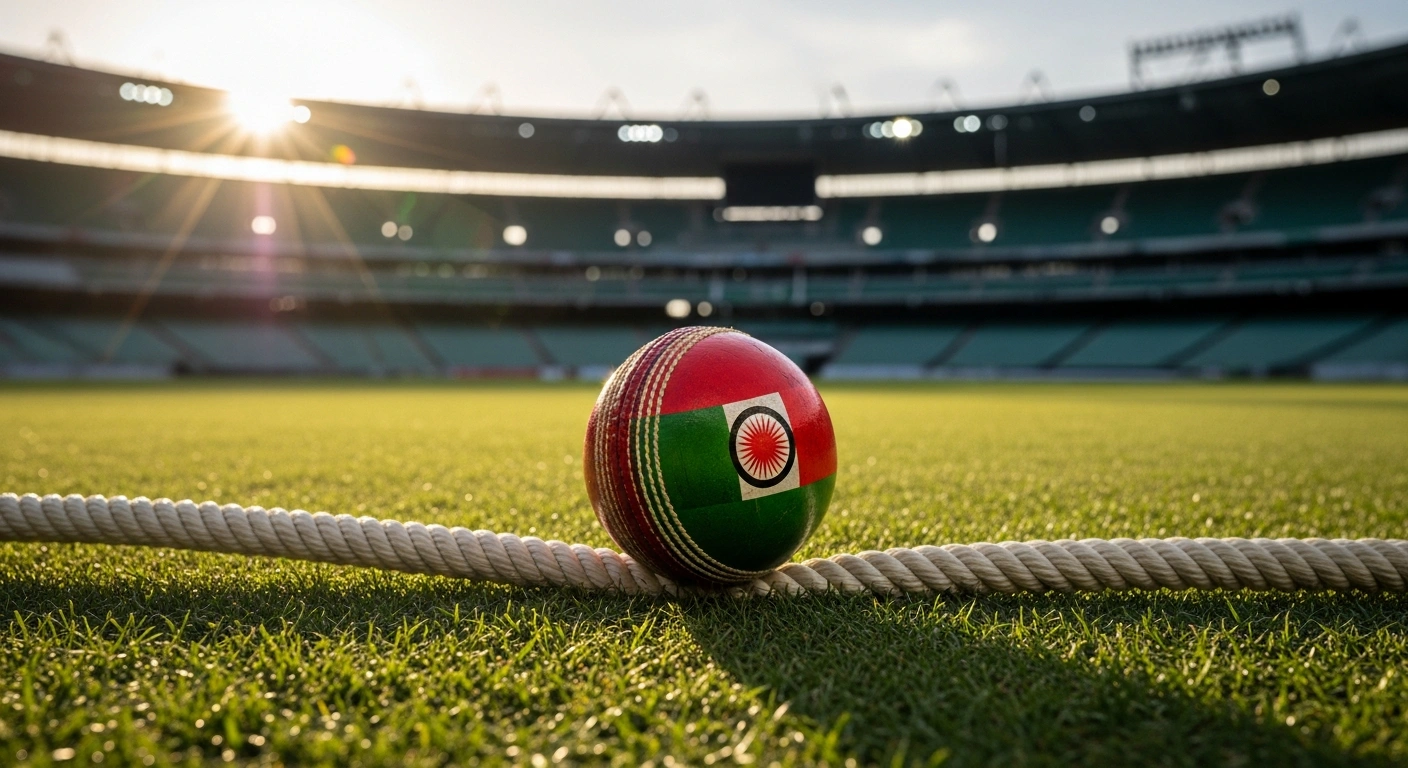 A single, scuffed cricket ball with a faded national flag motif rests precariously on a boundary rope in an empty, sunlit cricket stadium, symbolizing the uncertainty of Bangladesh's involvement in the 2026 T20 World Cup due to venue disputes.
