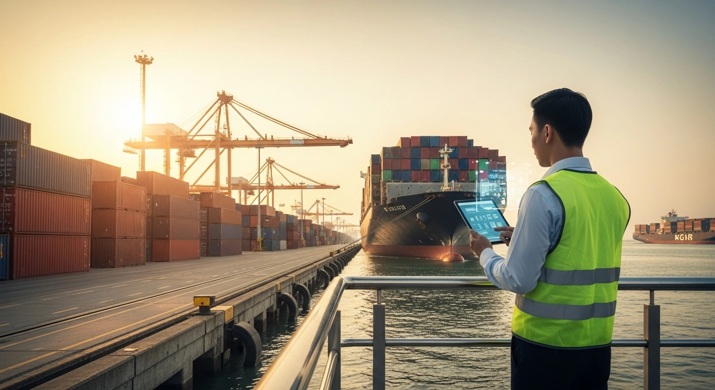 A logistics manager observes a large cargo ship at a busy Bangladeshi port as Bangladesh Bank implements new trade finance policies to modernize supply chain operations.