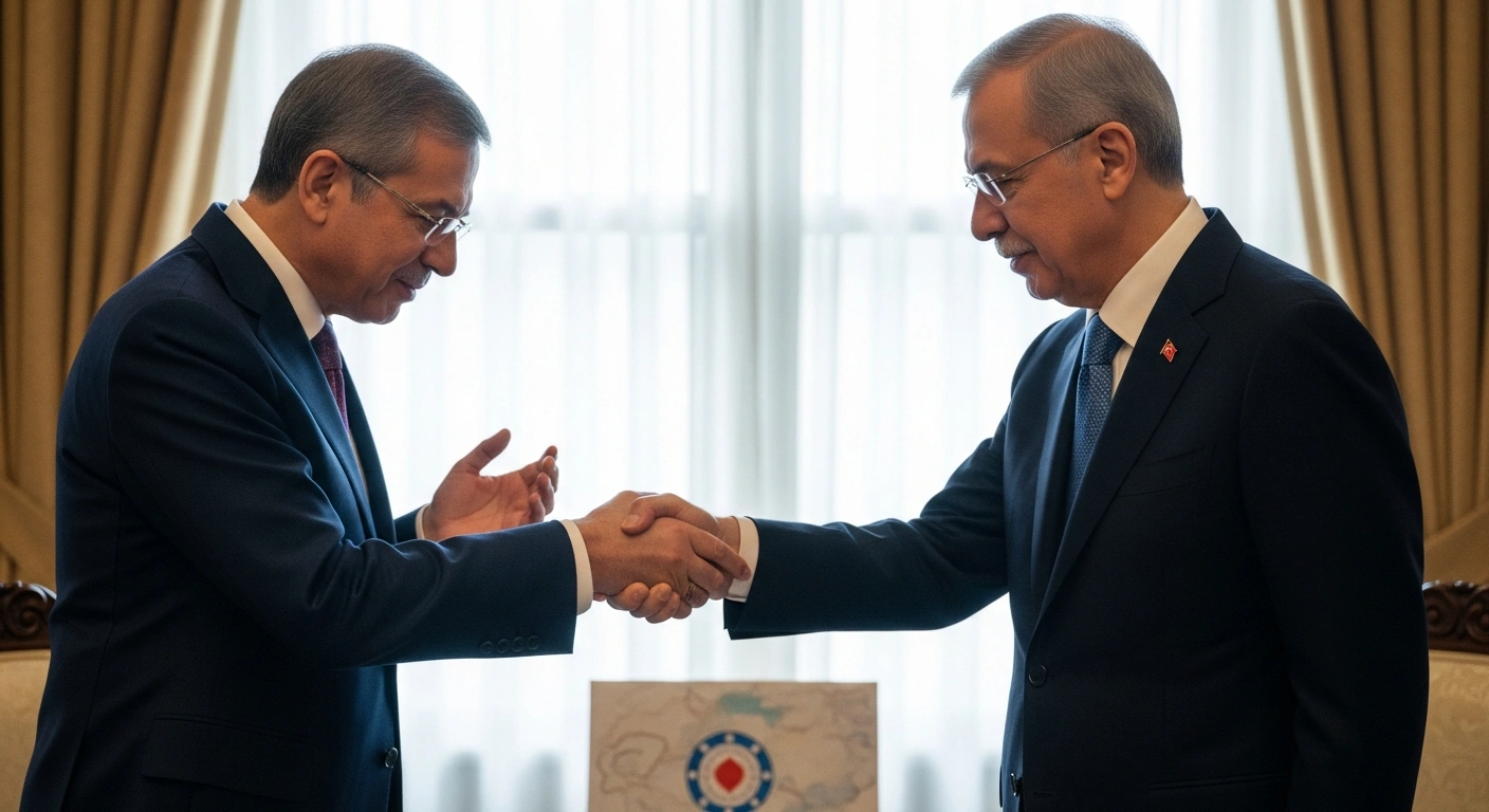 Two distinguished figures, representing Bangladesh and Turkey, are captured in a medium shot, shaking hands in a gesture of profound gratitude during a meeting in Dhaka, acknowledging Turkey's continuous humanitarian assistance to the Rohingya community.