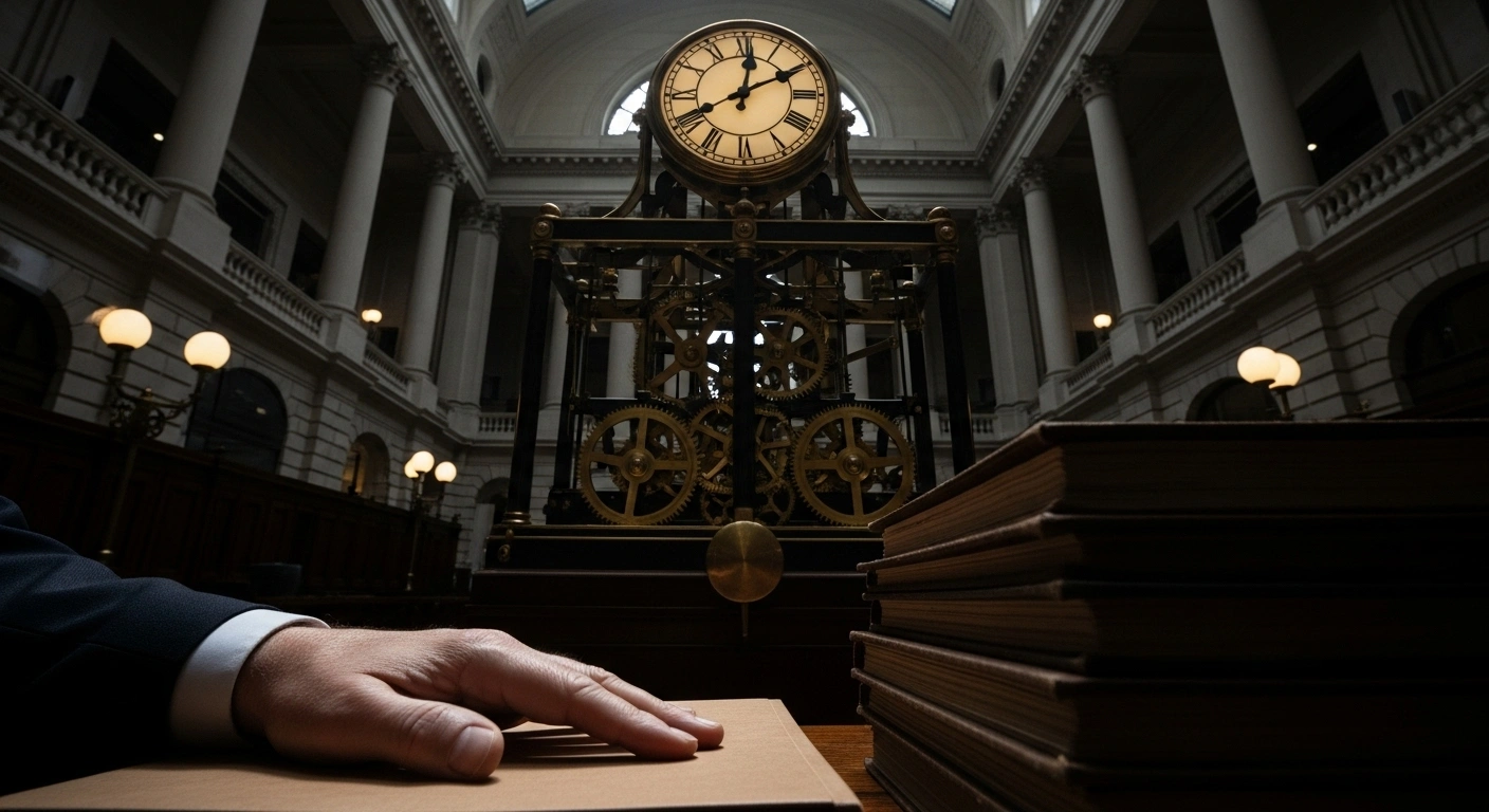 A dimly lit, grand chamber with a large, antique pendulum clock and a hand resting on aged ledgers, symbolizing the Bank of England's Monetary Policy Committee maintaining the base interest rate at 4% and slowing quantitative tightening amidst inflation concerns.