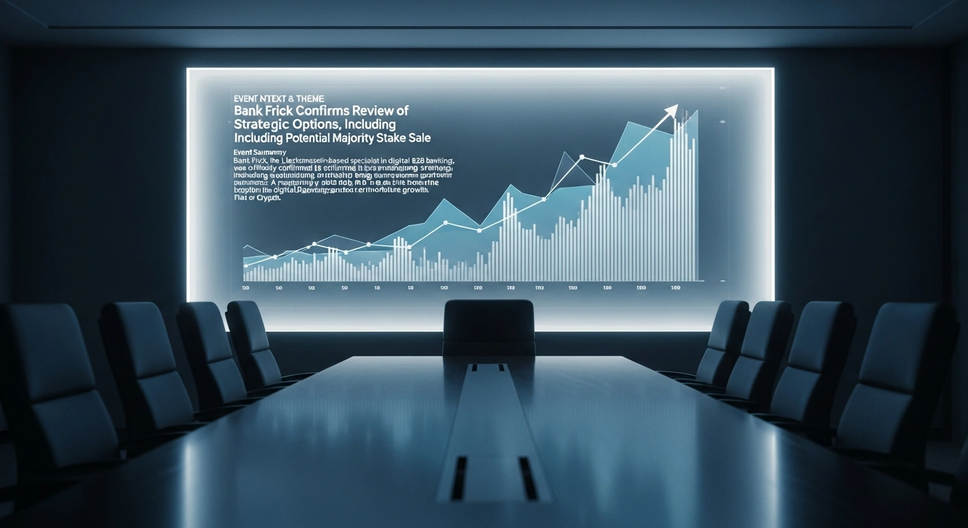 A high-tech, minimalist boardroom with a polished dark wood conference table reflecting the cool blue light from a large, transparent digital display showing upward-trending financial graphs, symbolizing Bank Frick's review of strategic options for digital B2B banking, including admitting partners or investors and a potential majority stake sale to bolster future growth.