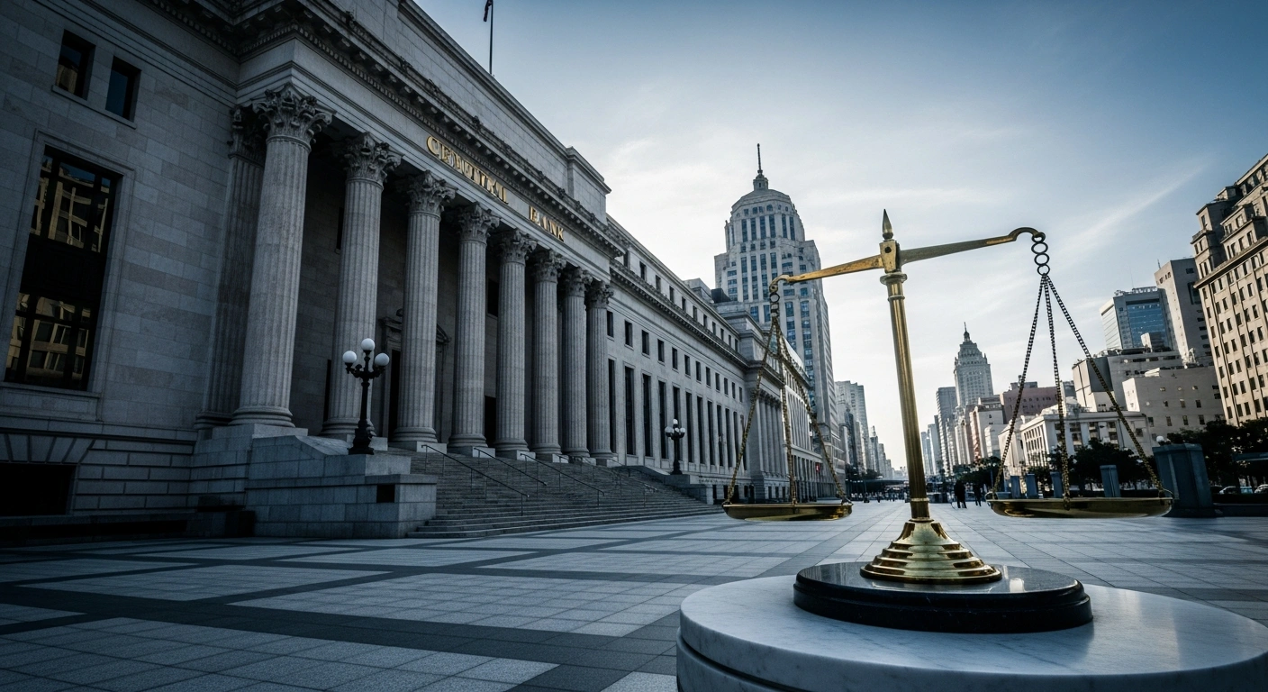 A brass scale rests on a marble pedestal in front of the Bank Indonesia building to represent the central bank raising interest rates to stabilize the rupiah.