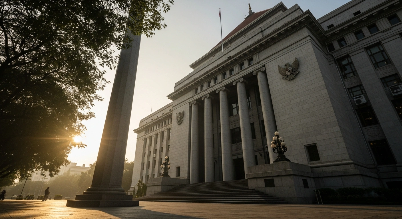 A majestic, classical bank building at dawn, bathed in soft golden light, representing Bank Indonesia's decision to maintain its benchmark BI-Rate at 4.75% for the fourth consecutive meeting to stabilize the rupiah, manage inflation, and support economic growth.