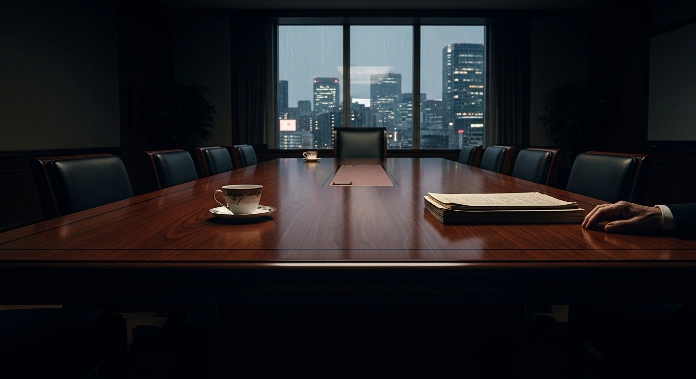 A dimly lit, grand boardroom table with a teacup and documents, seen through a rain-streaked window overlooking a blurred Tokyo cityscape, symbolizing the Bank of Japan's policy board meeting amidst political instability, economic uncertainties from US tariffs, and persistent inflation.
