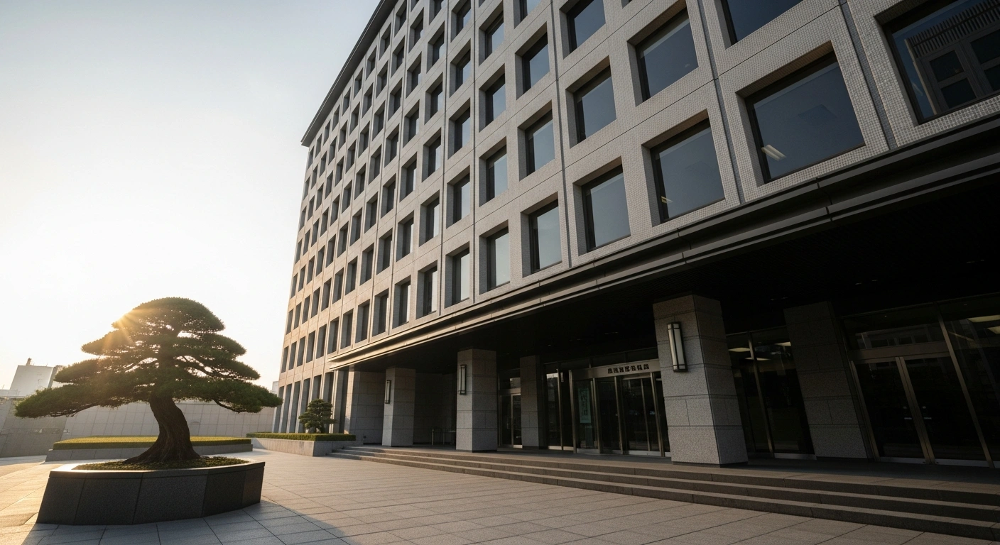 A modern Japanese financial institution building, bathed in the soft light of a rising sun, with a perfectly manicured bonsai tree in the foreground, visually representing the Bank of Japan's stable economic outlook, including its 0.75% interest rate, moderate growth projections, and a gradual alignment with its 2% inflation target.