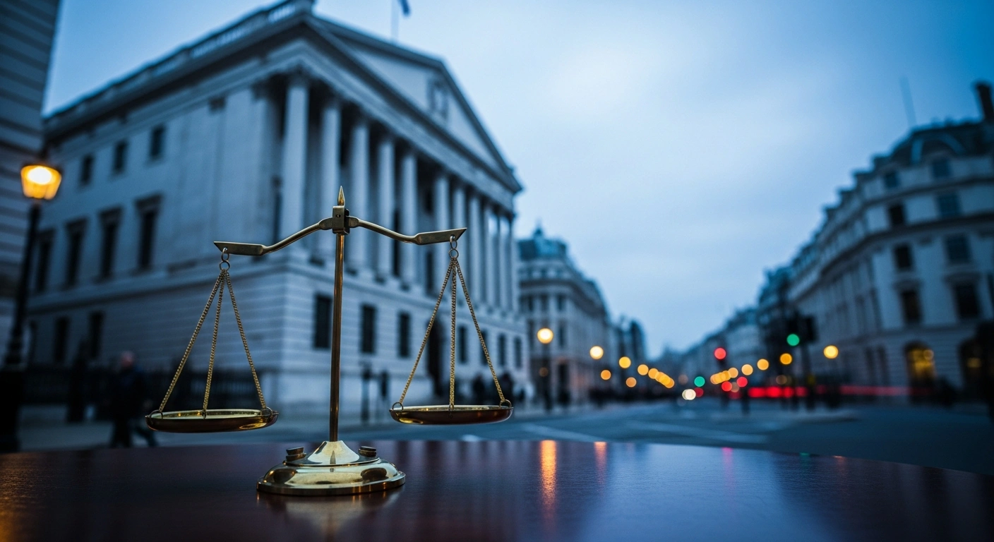 A balanced brass scale sits on a desk in front of a Bank of England building, representing the decision to keep interest rates steady amidst global economic concerns.
