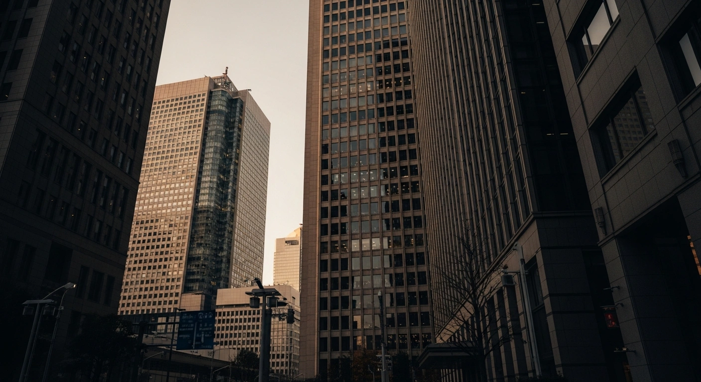 A modern Tokyo financial district skyline at sunset represents the Bank of Japan's hawkish shift toward rising interest rates.