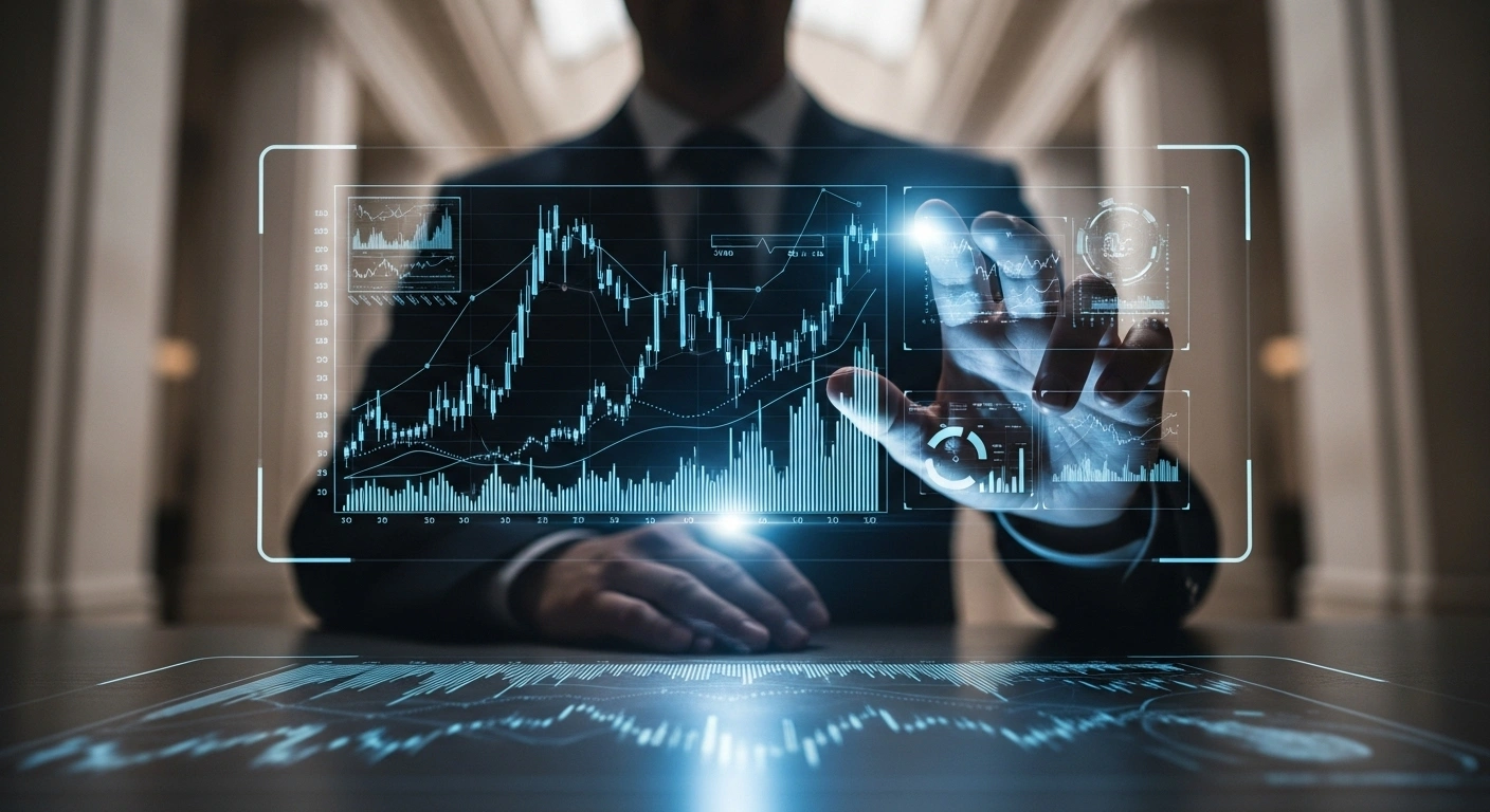A symbolic figure representing the Bank of Russia's Governor Elvira Nabiullina is shown interacting with a holographic display projecting economic data, illustrating the forecast of a 12-13% key interest rate for 2026 and the 4% inflation target.