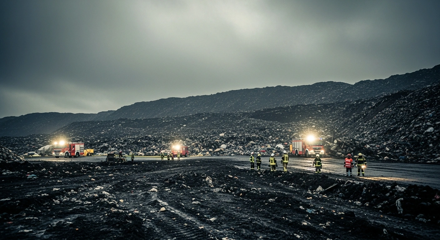 Emergency rescue teams search through the debris of a massive garbage avalanche at the Bantargebang landfill in Bekasi, Indonesia, following a fatal collapse caused by heavy rainfall.