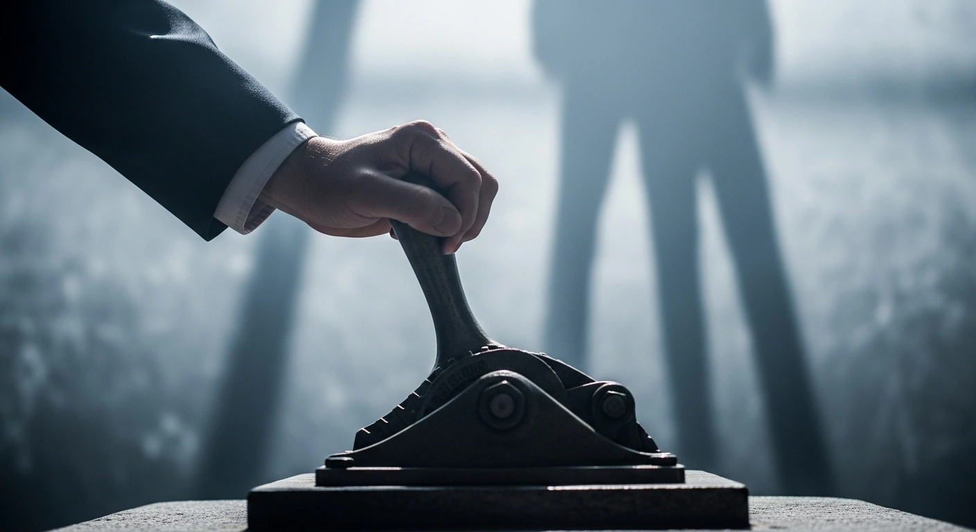 A weathered hand, symbolizing Mexico's central bank, slowly pulls back a heavy lever amidst dim, hazy lighting, depicting a cautious and gradual approach to interest rate cuts in 2026 due to trade uncertainty, new tariffs, domestic tax increases, and persistent inflationary pressures.