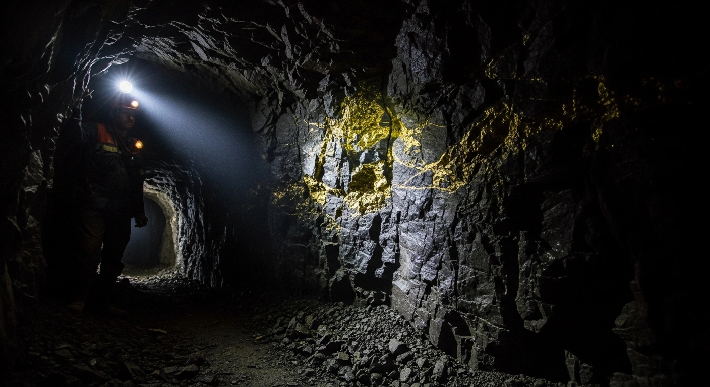A close-up view of brilliant high-grade gold veins embedded within dark rock walls, illuminated by a single light source deep inside a mine shaft, representing Banyan Gold Corp.'s significant discovery at the Airstrip Deposit of its AurMac Project in Yukon, Canada.