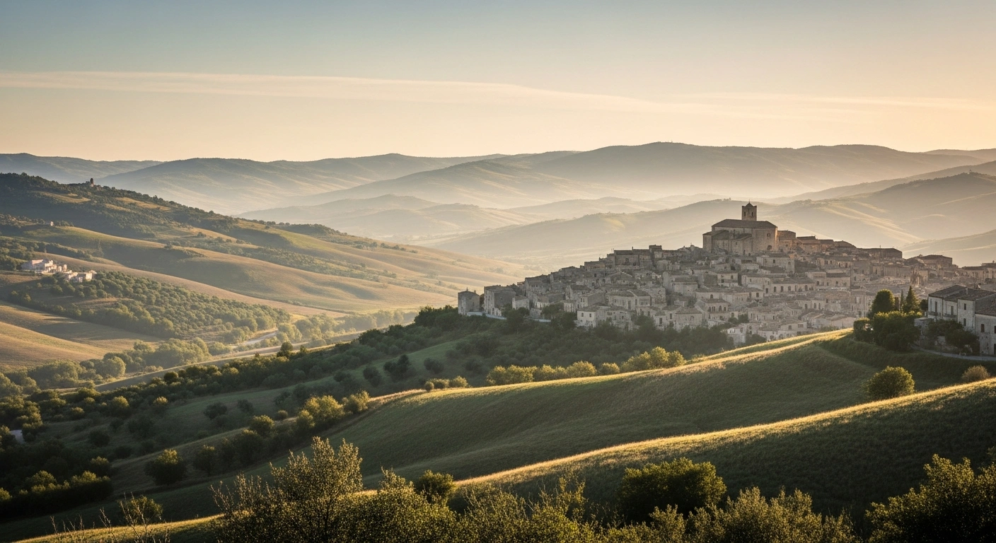 A peaceful morning view of the rolling hills and stone buildings in the Basilicata region of Italy near Baragiano following a minor earthquake.