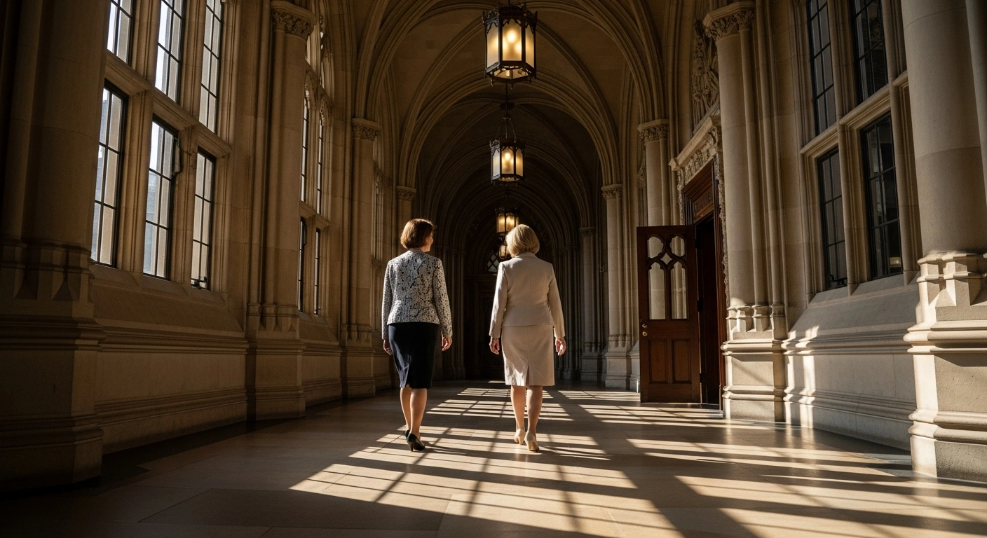 Two elegantly dressed women, representing Independent Senators Monique Taitt and Dr. Crystal Drakes, walk down a grand, sun-drenched parliamentary corridor, symbolizing their resignation from the Barbados Senate following the appointment of President Jeffrey Bostic.