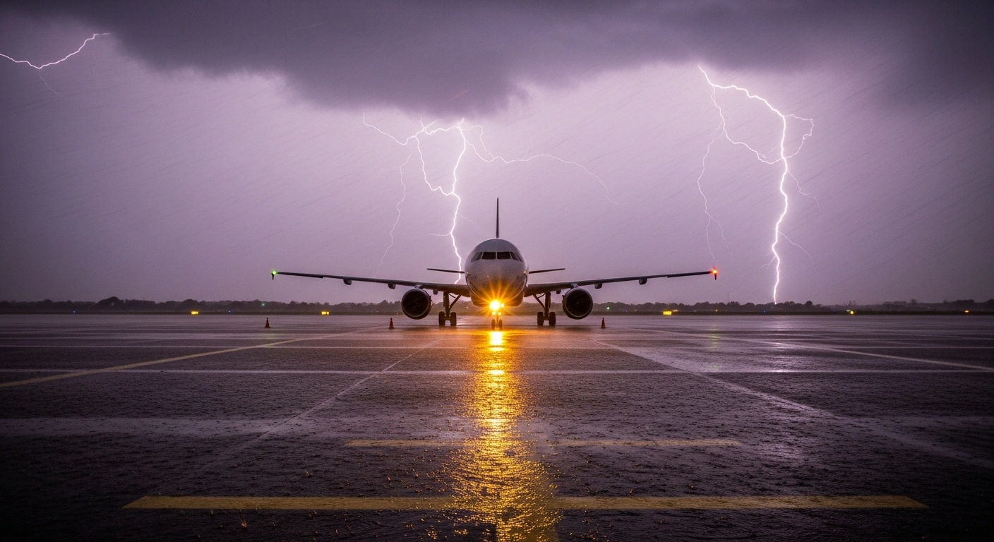 A wide, low-angle view of the tarmac at Barcelona's El Prat Airport shows a grounded passenger jet amidst torrential rain and pooling floodwaters, reflecting the significant disruption caused by a powerful storm on November 6, 2025, leading to flight cancellations and delays.