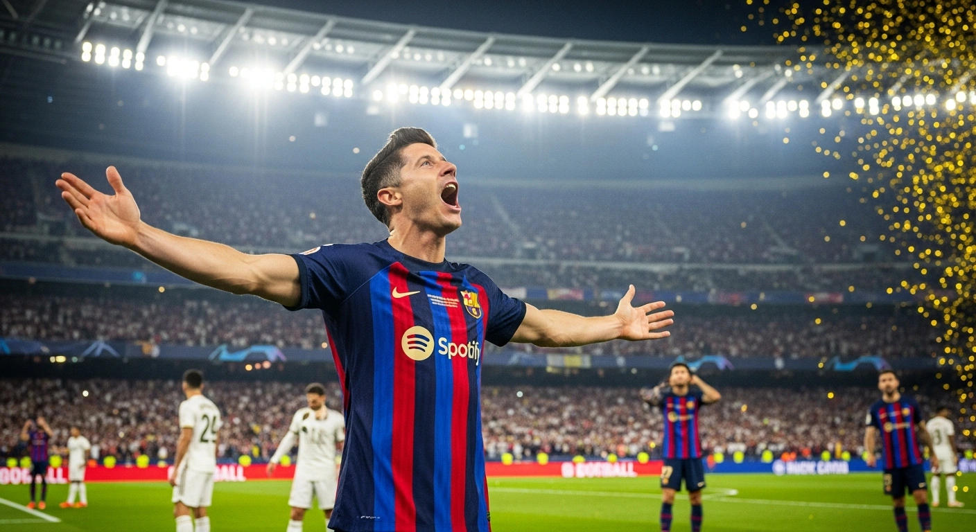 A Barcelona player celebrates a goal or victory, standing triumphantly on the field of King Abdullah Sports City Stadium under bright floodlights, with dejected Real Madrid players in the background, symbolizing Barcelona's 16th Spanish Super Cup title win with a 3-2 victory over their arch-rivals.