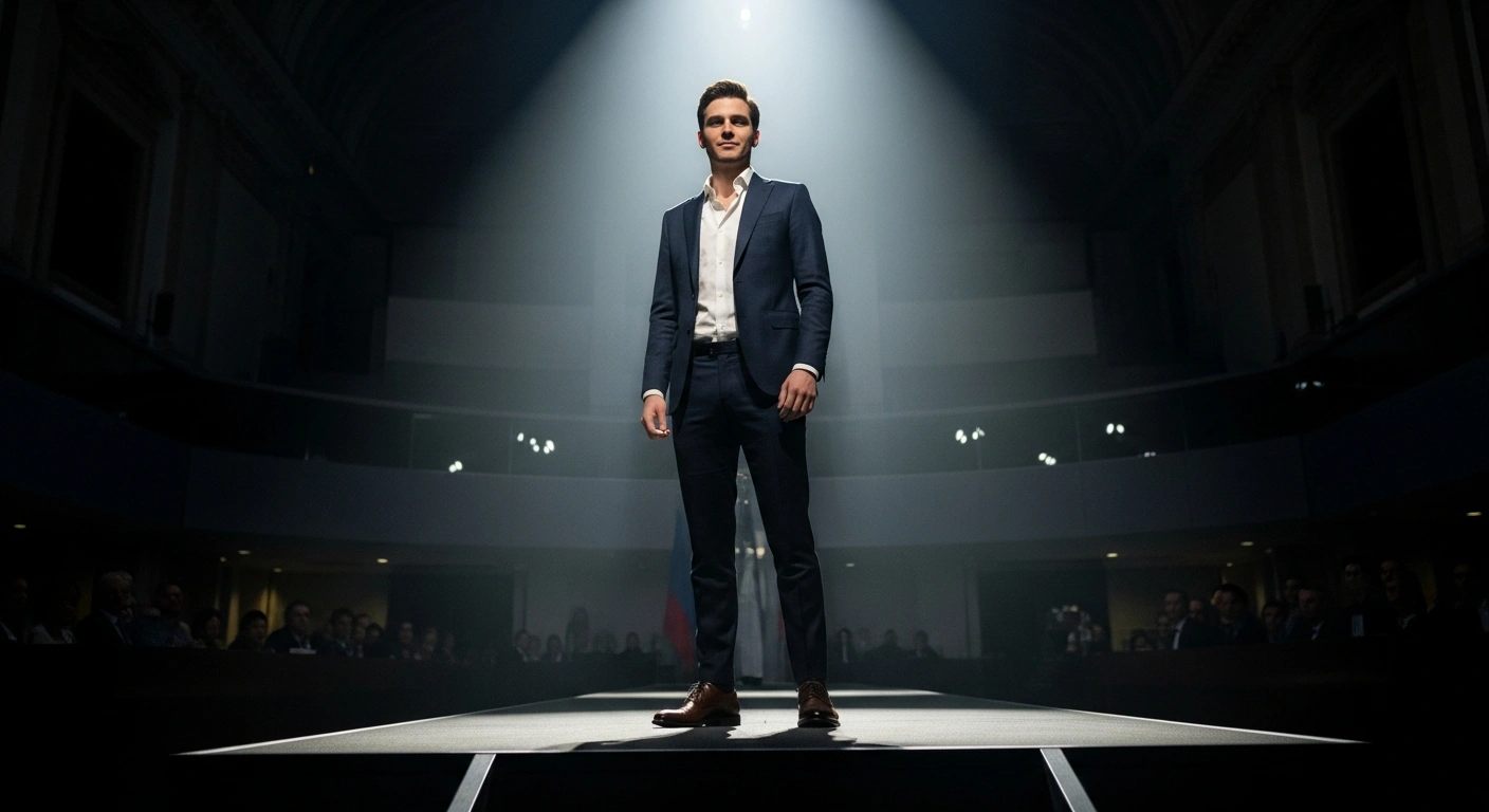 A young, charismatic man, representing Jordan Bardella, stands confidently in a dramatic spotlight on a platform within a grand European hall, symbolizing his projected win in the 2027 French presidential election according to a new Odoxa poll.