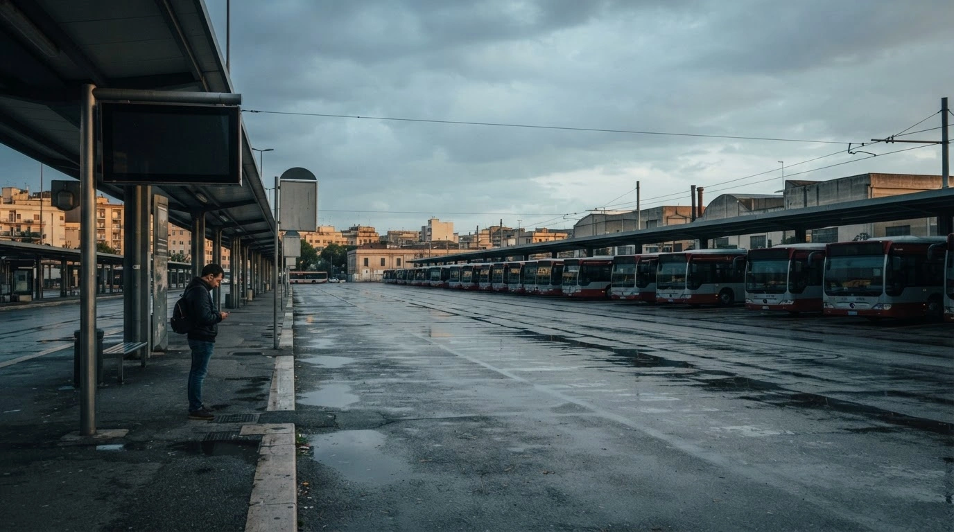 A deserted bus terminal in Bari, Italy, shows idle public transport vehicles during an AMTAB labor strike.