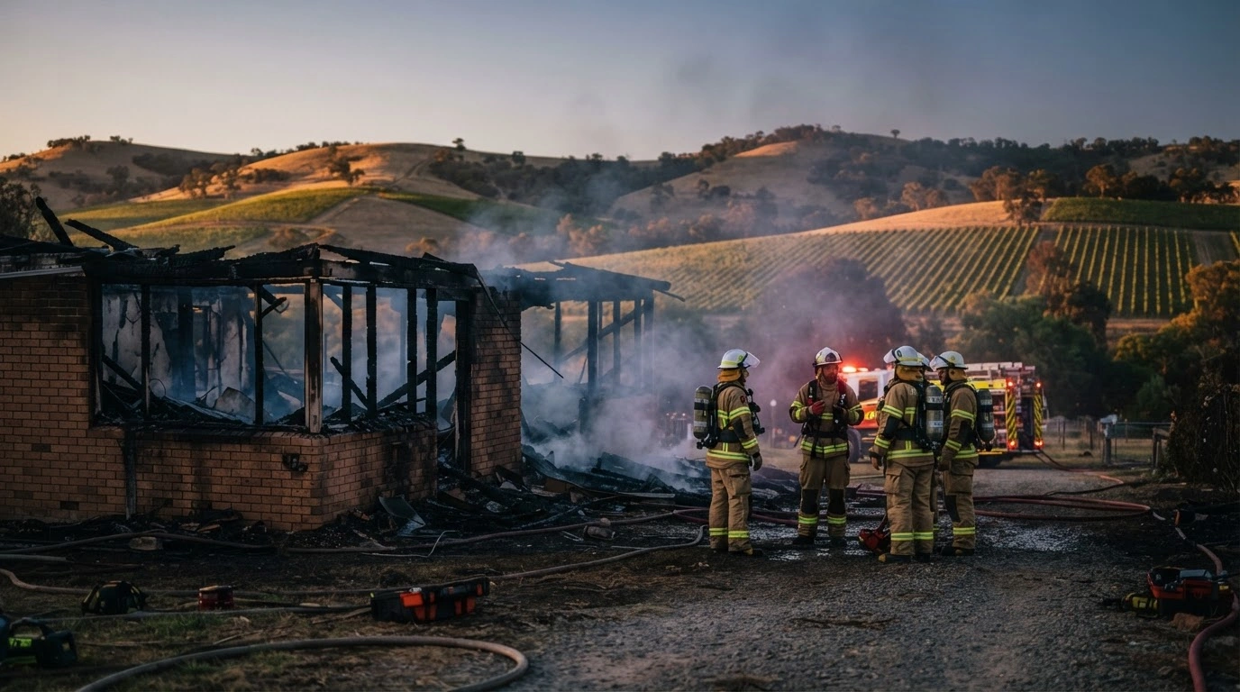 Firefighters stand near a residential property in the Barossa Valley after successfully containing a structure fire.