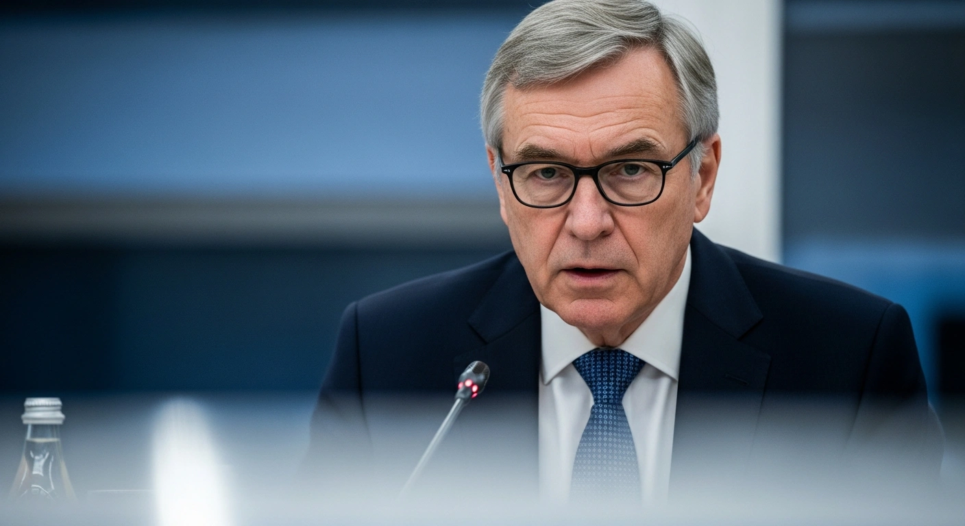 A distinguished diplomat, representing French Foreign Minister Jean-Noel Barrot, speaks with serious resolve at a formal G7 conference, criticizing US military operations in the Caribbean, including the deployment of the USS Gerald R. Ford.