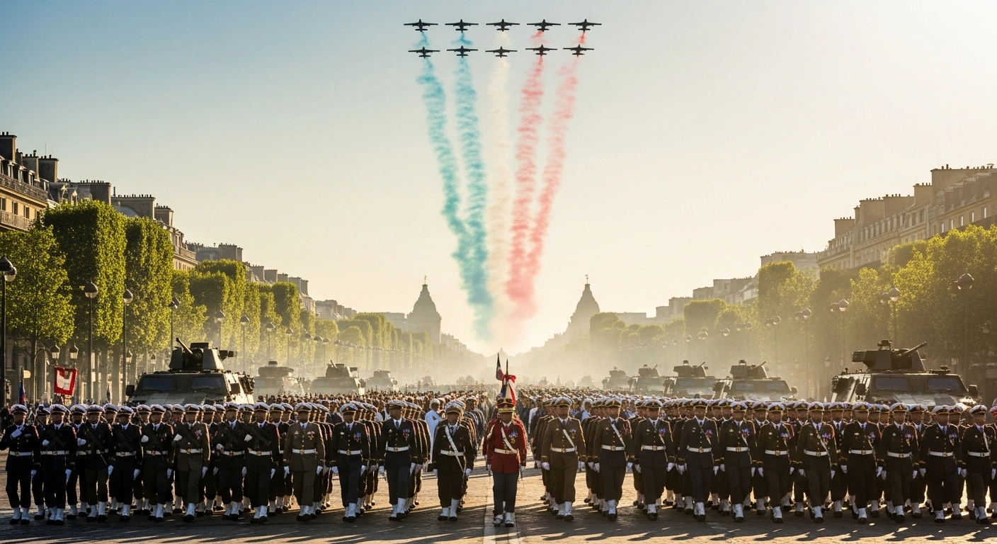 International representatives and military personnel march together in the Bastille Day parade in Paris to demonstrate unified European security and support for Ukraine.