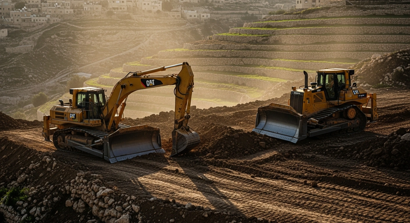 Israeli bulldozers construct a road through the ancient agricultural terraces of the Palestinian village of Battir in the West Bank.