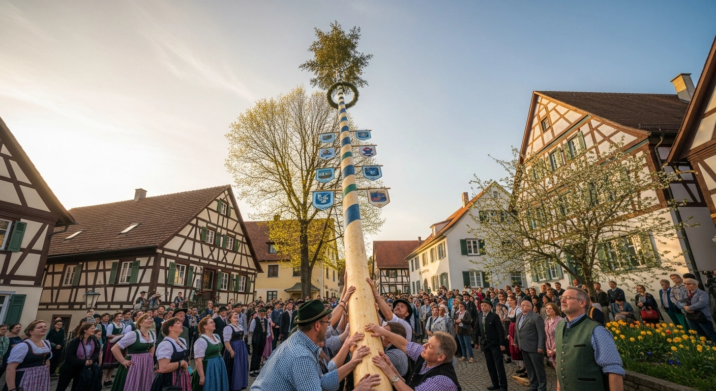 Villagers in traditional Bavarian clothing work together to raise a decorated maypole in the center of the village of Kühbach during a May Day celebration.