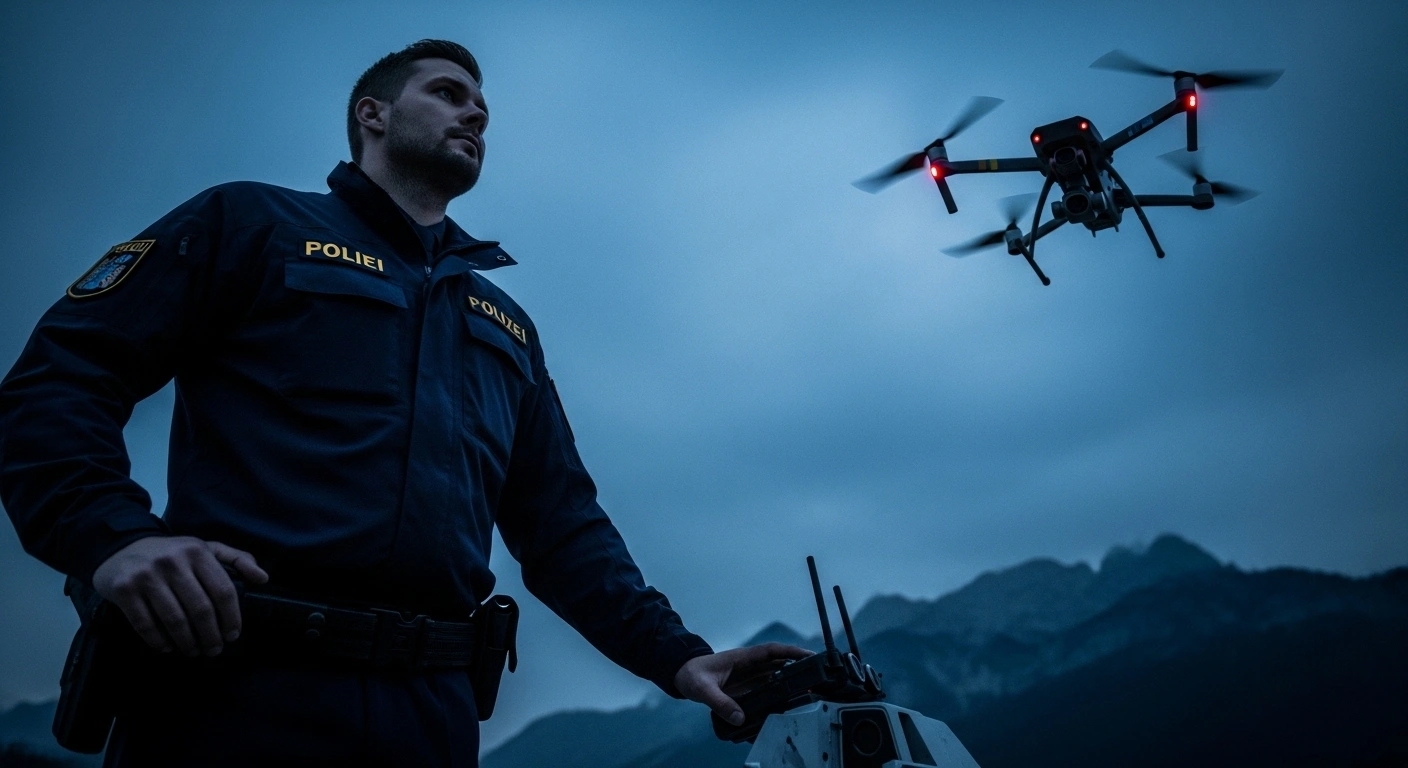 A Bavarian police officer stands silhouetted against a twilight sky, looking up at a hovering drone, symbolizing expanded police powers to intercept and neutralize illegal drone overflights in Bavaria due to a perceived high drone threat.