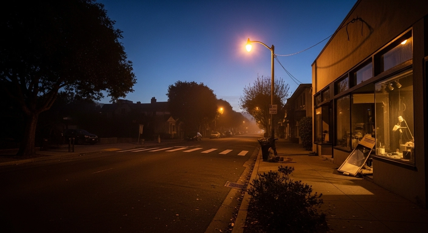 A dimly lit street in Berkeley, California, just after a 4.3 magnitude earthquake, showing a flickering streetlamp, a faint dust haze, and minor disarray in a storefront window, reflecting the early morning tremor felt across the San Francisco Bay Area.