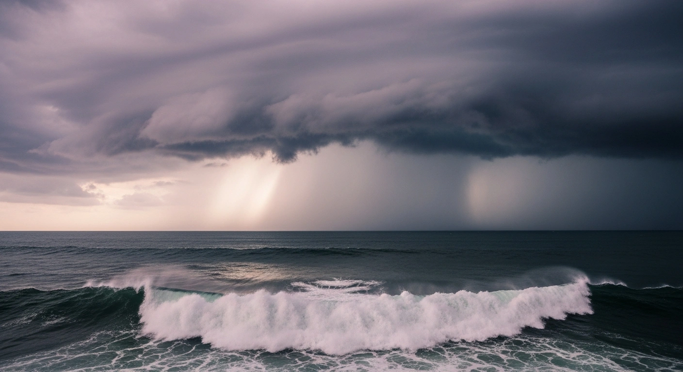 A wide-angle shot captures the turbulent Bay of Bengal under a bruised, stormy sky, depicting the low-pressure area announced by the India Meteorological Department that is expected to intensify and bring heavy rainfall.
