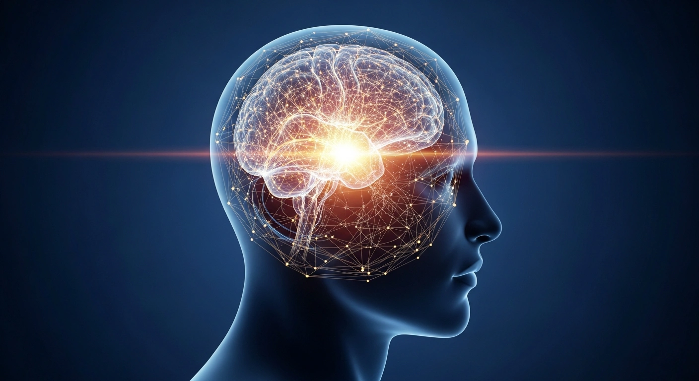 A stylized visual depicts a human head silhouette with intricate, glowing neural pathways, subtly enveloped by a soft, golden light, symbolizing the protective effect of Bayer's investigational drug Asundexian, a Factor XIa inhibitor, in reducing recurrent ischemic stroke risk by 26% without increased bleeding.