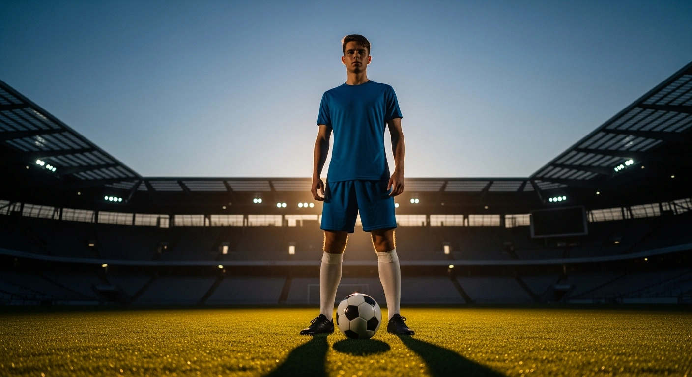A young football player stands on a professional stadium pitch during a sunset, representing the potential transfer of Afonso Moreira to Bayer Leverkusen.