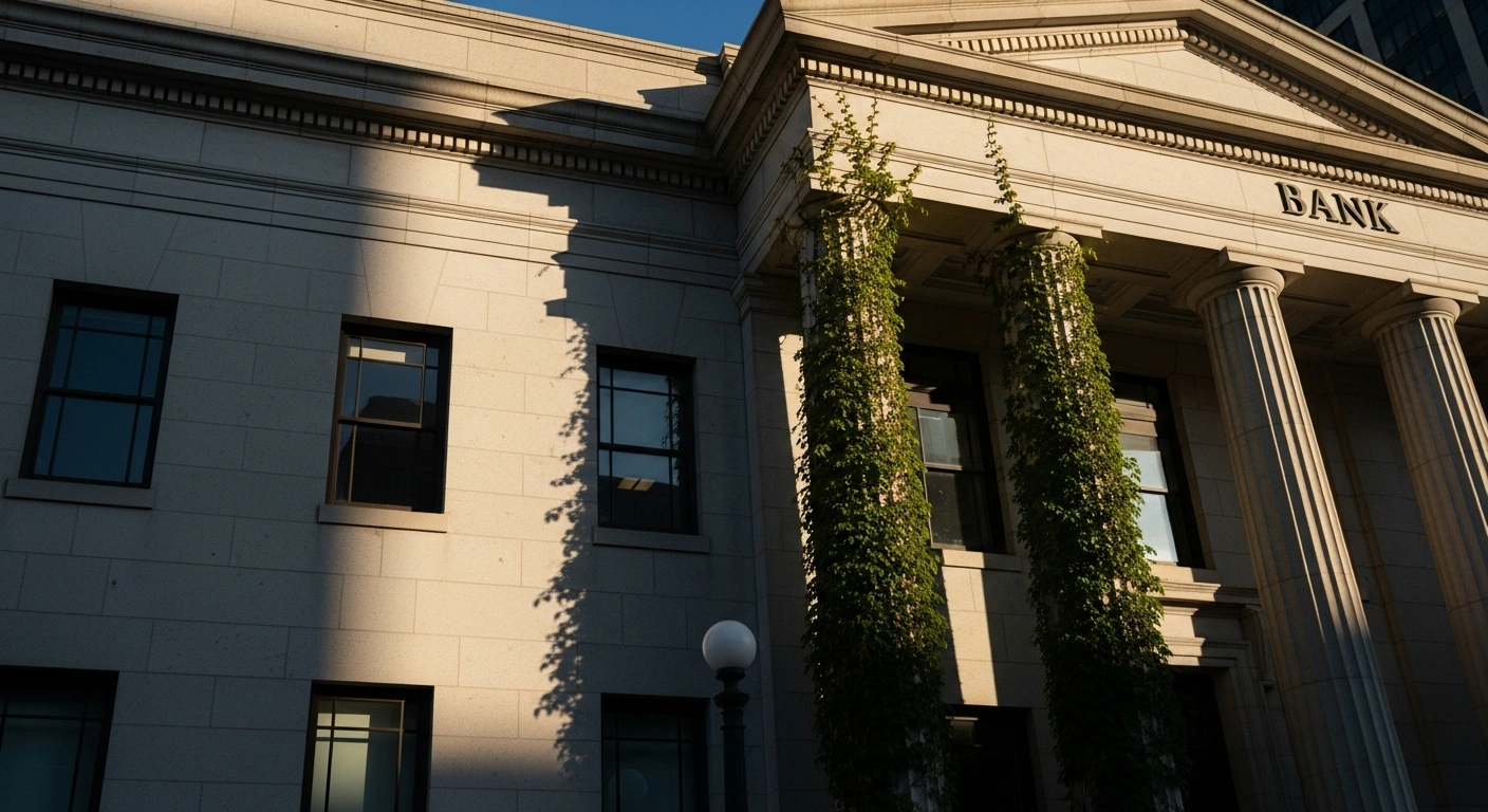 A grand, neoclassical bank building, partially shadowed, with a vibrant green vine climbing a column, visually representing BBVA Argentina's Q3 2025 financial results which reported a decrease in inflation-adjusted net income but an increase in total financing to the private sector amidst a challenging economic landscape.