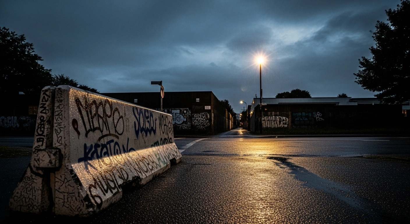 A desolate, rain-streaked street corner at twilight features a weathered, graffiti-covered concrete barrier and a flickering streetlamp, visually representing the end of British Columbia's drug decriminalization program amidst public safety concerns and rising overdose deaths.