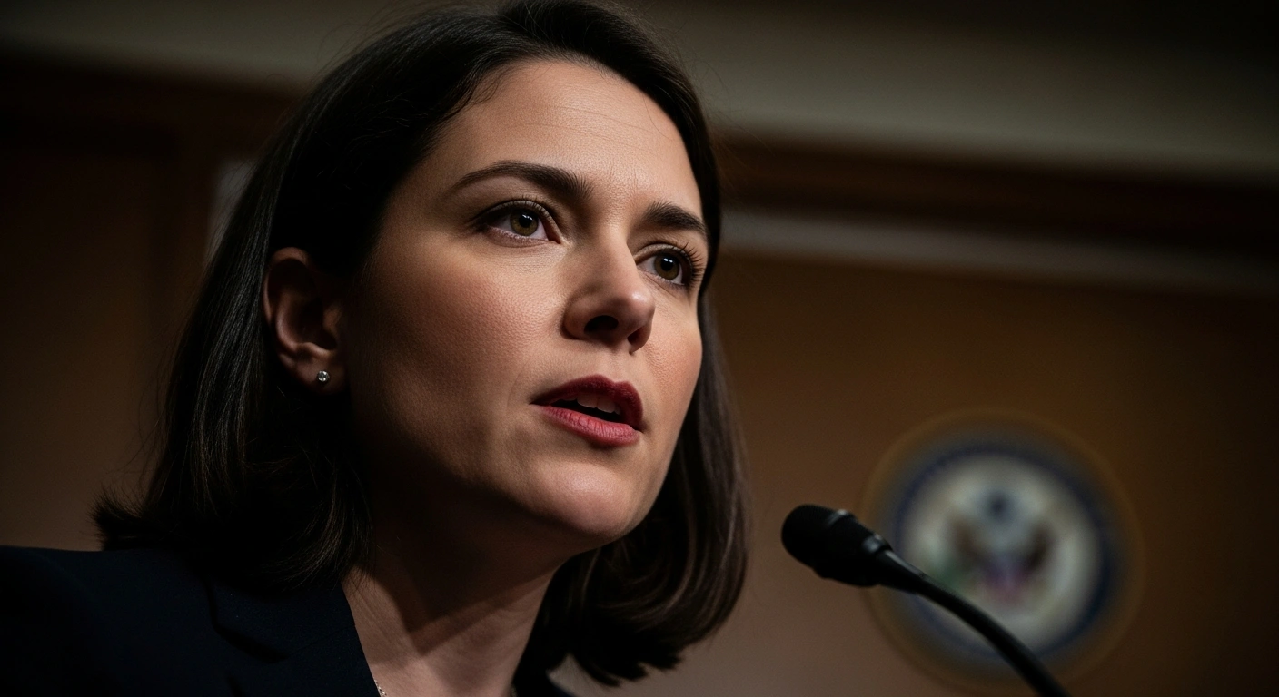 U.S. Representative Joyce Beatty stands at a podium, advocating for the impeachment of Department of Homeland Security Secretary Kristi Noem during a Columbus ICE roundtable, illuminated by dramatic lighting.