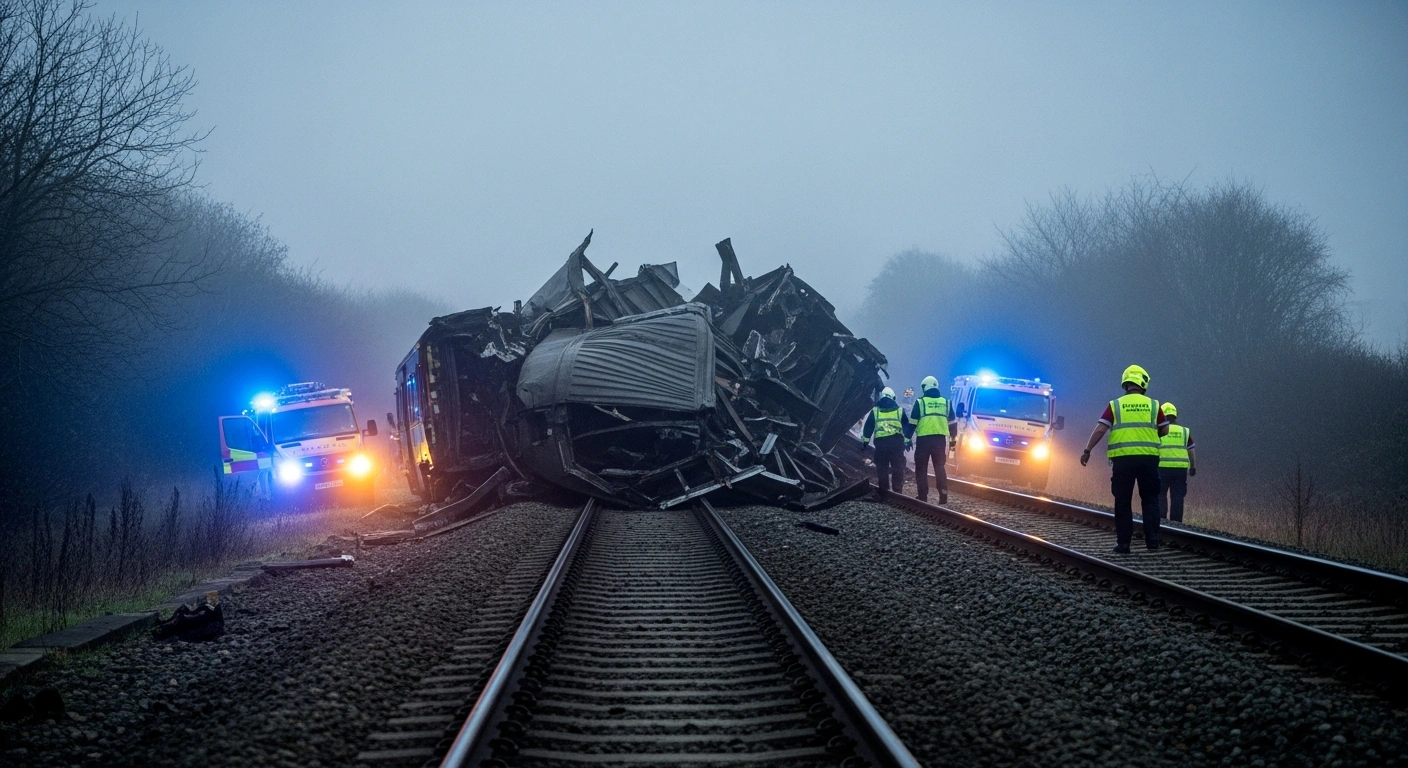 Emergency responders and paramedics work at the scene of a train collision in Bedford where two trains have derailed.