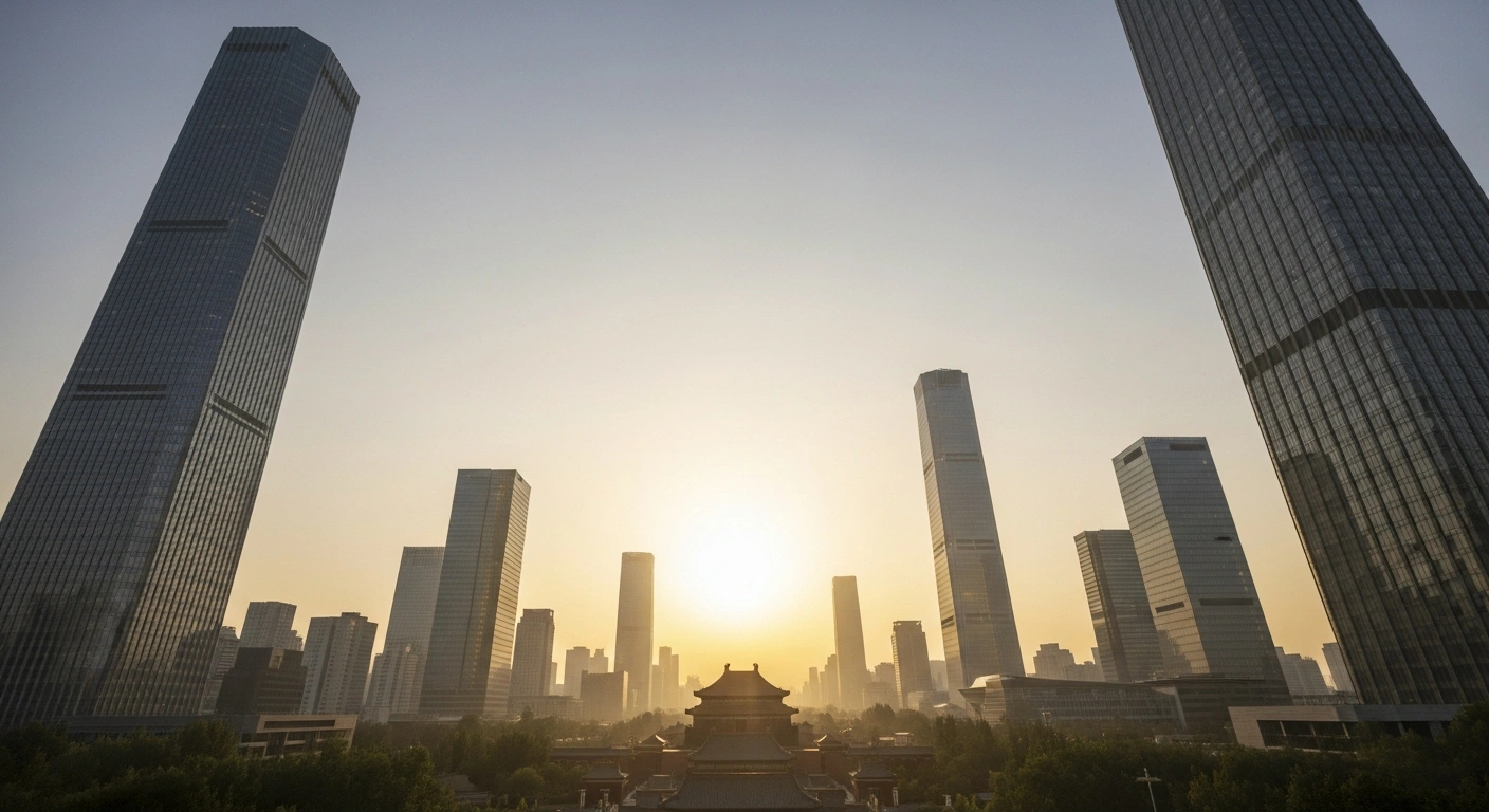 A wide, low-angle shot of the modern Beijing skyline at golden hour, featuring crystal-clear air and warm sunlight illuminating glass towers and a distant ancient temple, symbolizing China's significant progress in combating air pollution and reducing PM2.5 levels.
