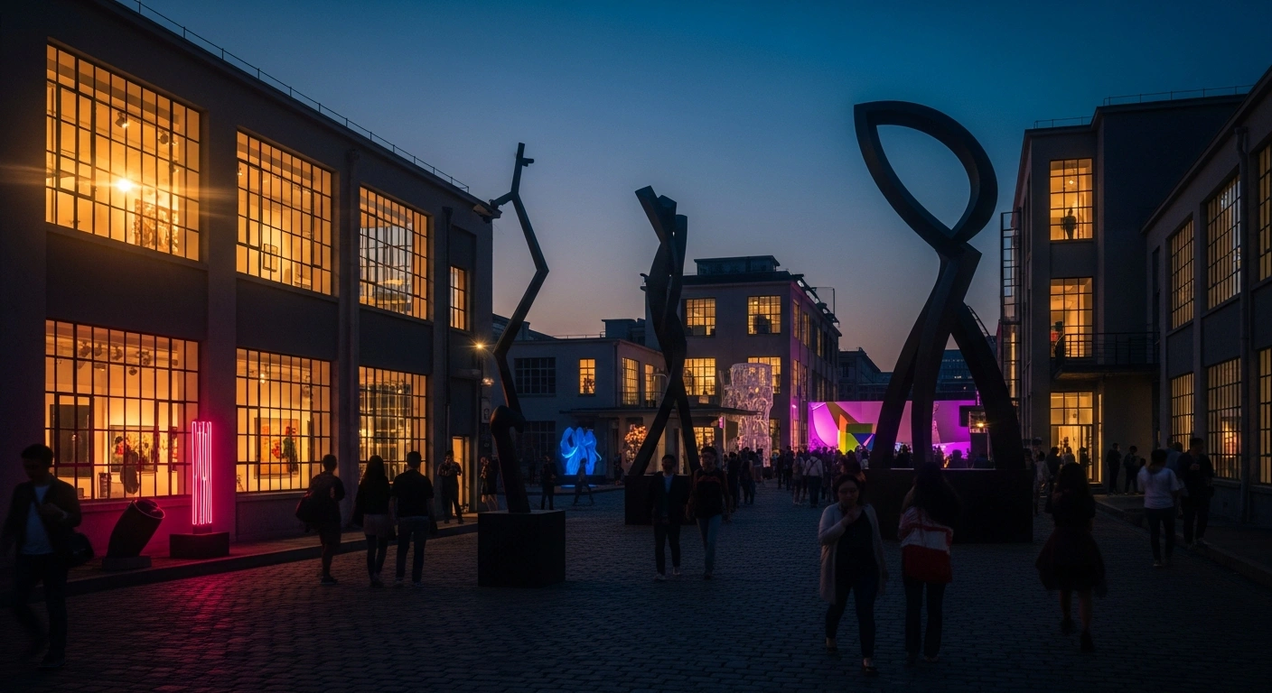 Visitors explore contemporary art installations and cultural exhibitions during the Beijing Art Season 2026 at the historic 798 Art District.