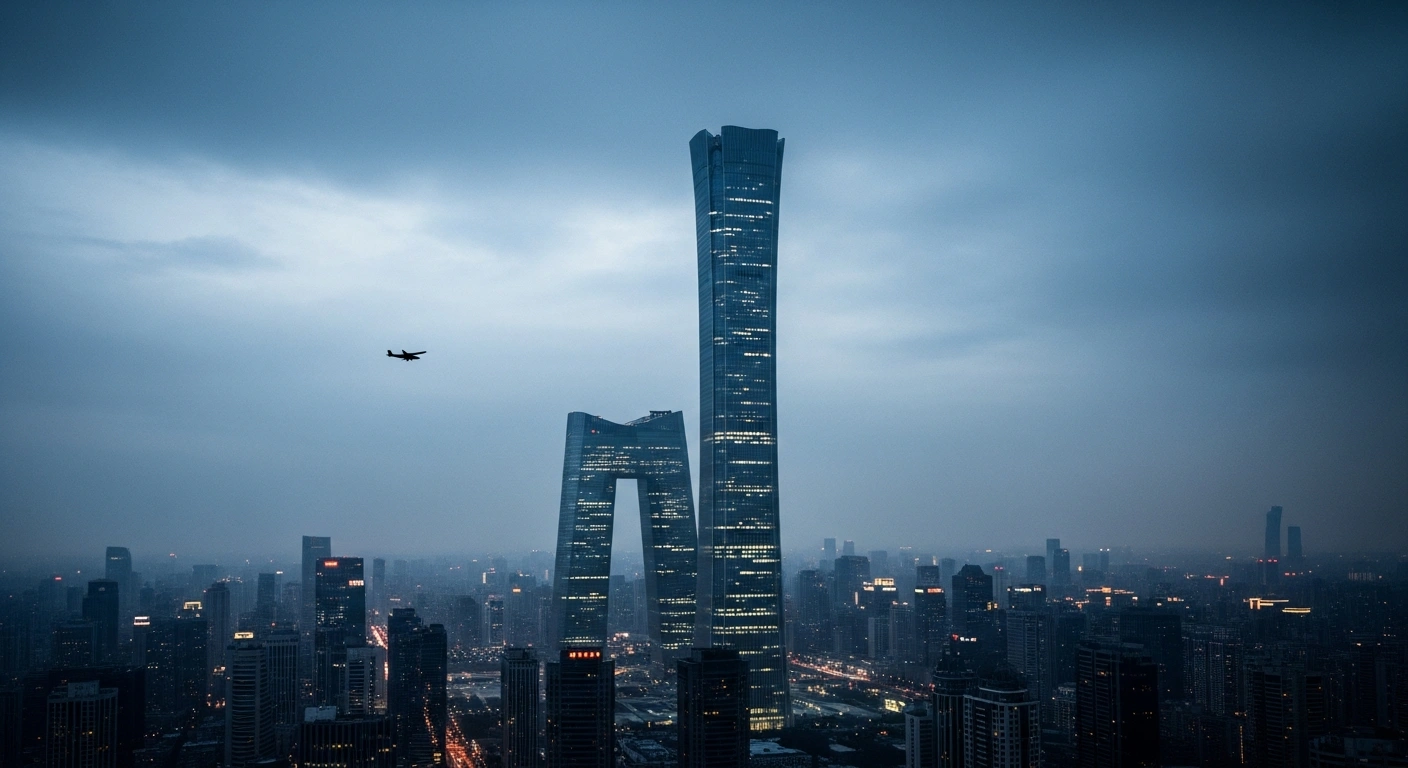 A wide view of the CITIC Tower in Beijing at dusk following the grounding of private light aircraft due to a collision investigation.