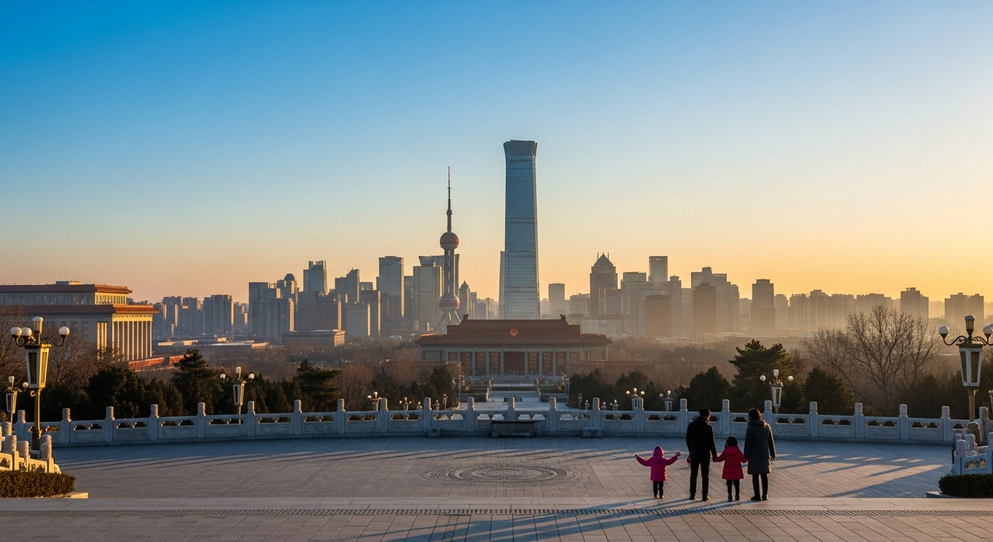 A wide shot of Beijing's iconic skyline at dawn, bathed in golden light, with remarkably clear air and a family enjoying a tranquil park in the foreground, symbolizing the city's achievement of significantly reduced PM2.5 concentration.
