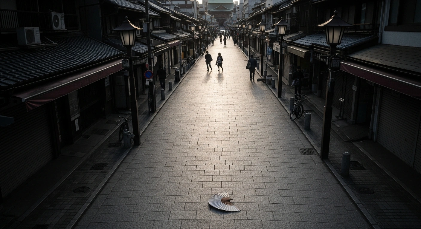 A high-angle view of a quiet, iconic Japanese street with few people and an abandoned paper fan, visually representing the significant impact on Japan's tourism sector after Beijing cut Chinese group tours due to diplomatic tensions.