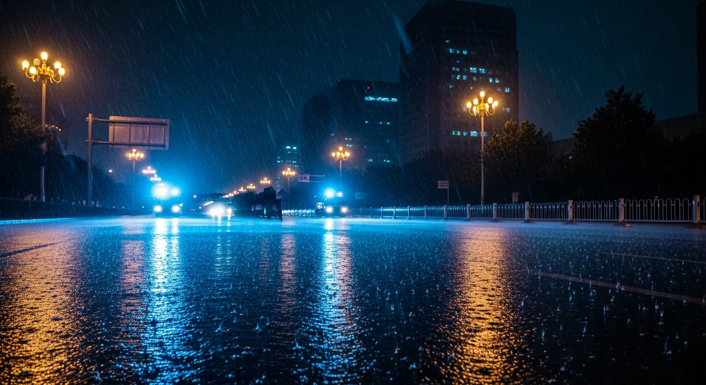 A rain-drenched street in Beijing during a severe flood emergency as authorities implement safety measures against heavy rainfall.