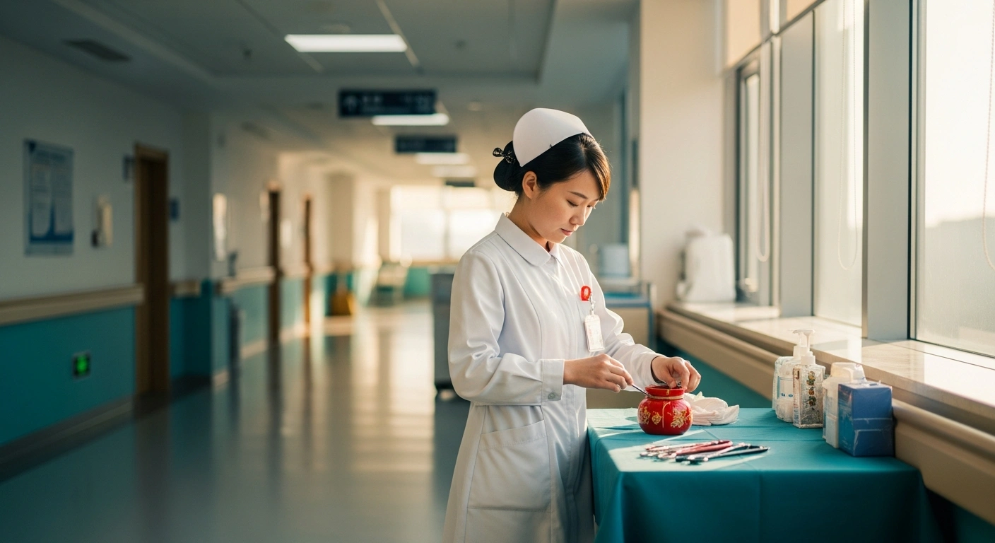 A professional nurse stands in a bright Beijing hospital during a commemorative event celebrating the contributions of nursing staff to patient care and traditional Chinese medicine.