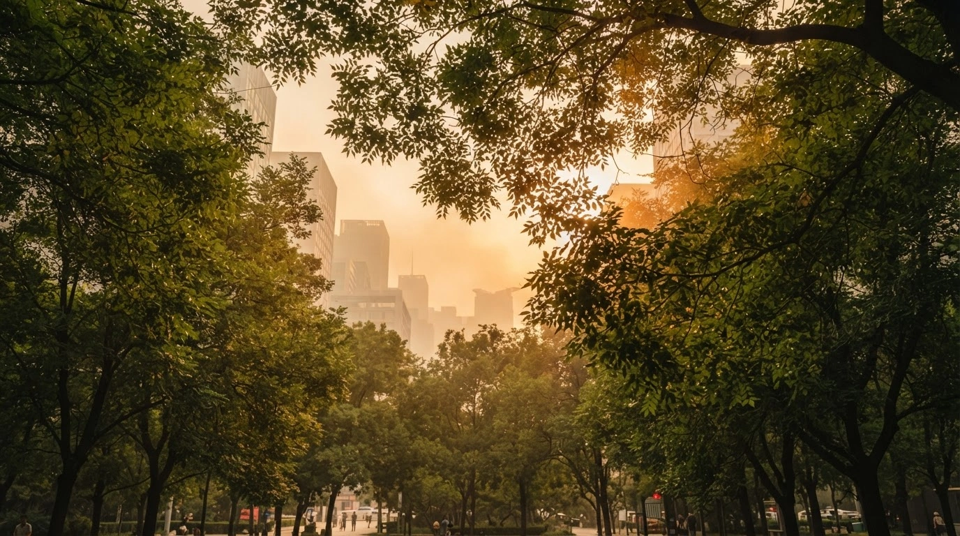 Lush green trees in a Beijing park are silhouetted against a hazy urban skyline affected by ground-level ozone smog.