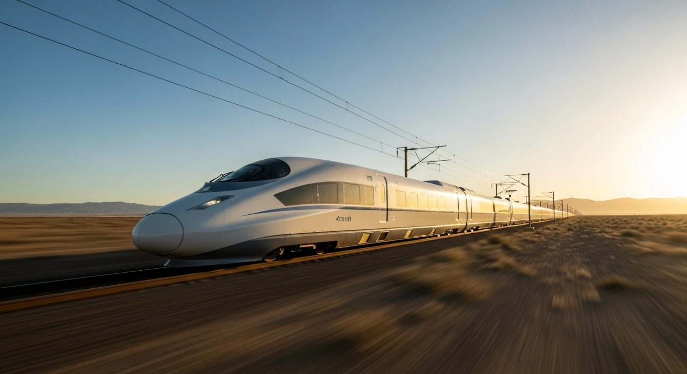 A modern high-speed D-series train travels across a desert landscape on the new direct route between Beijing and Urumqi.