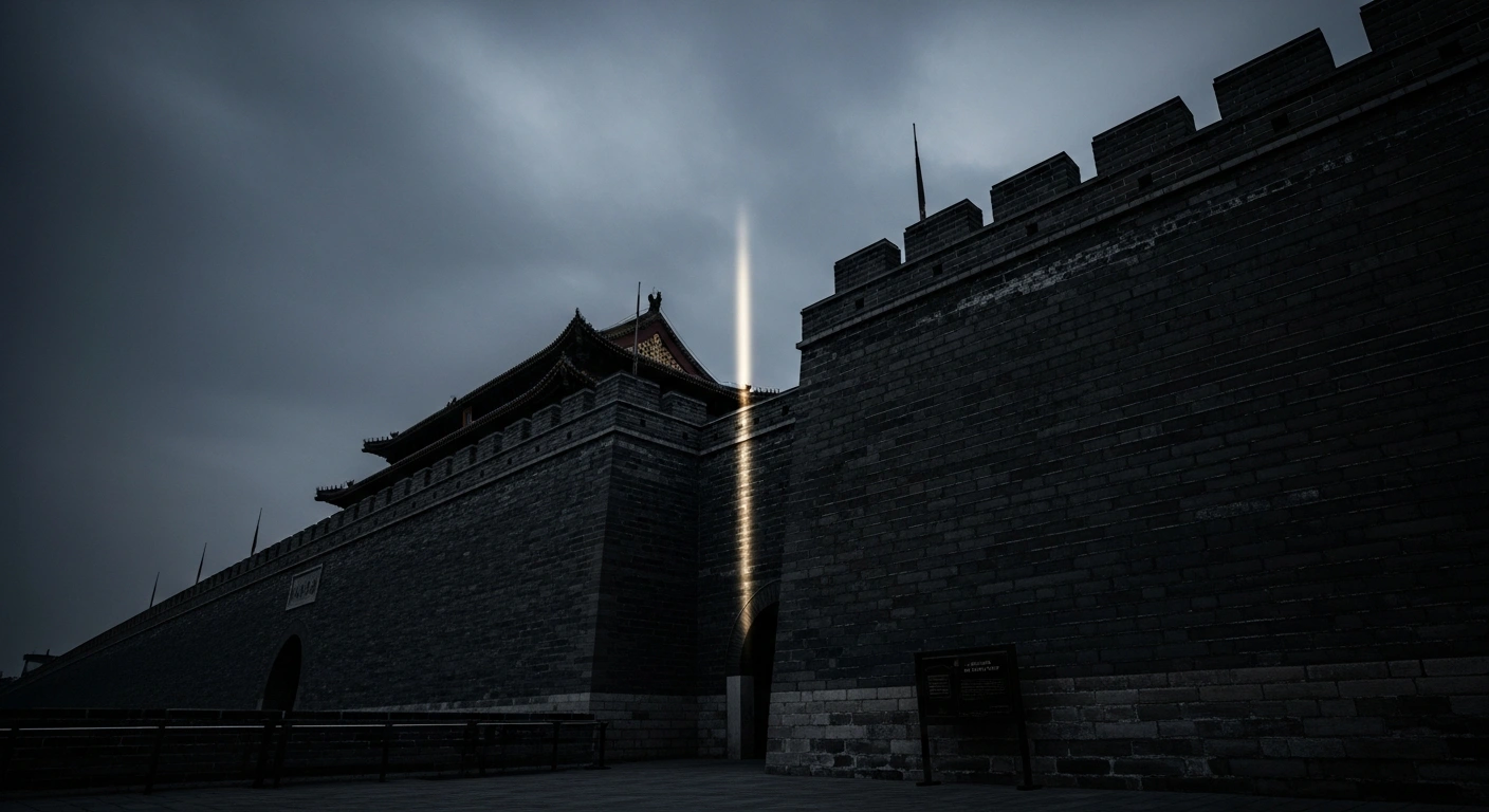 A dramatic view of a historic stone wall in Beijing representing the diplomatic tension between China and the United States regarding the 1989 Tiananmen Square crackdown.
