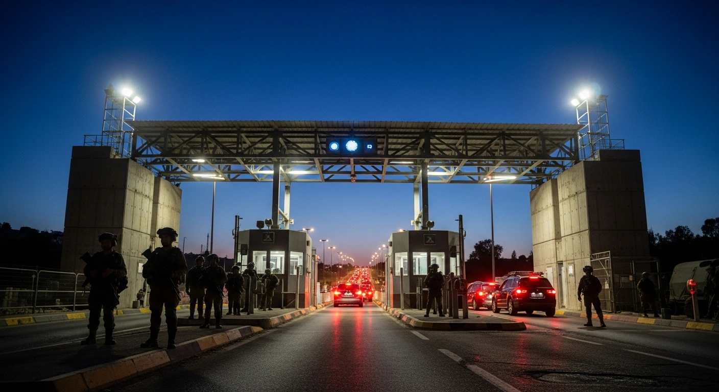 A low-angle, wide shot of the Beit Iksa military checkpoint at twilight, with powerful floodlights illuminating its concrete and steel structure, and a long line of vehicles with glowing red taillights stretching into the distance, indicating severe traffic congestion caused by Israeli forces blocking movement.