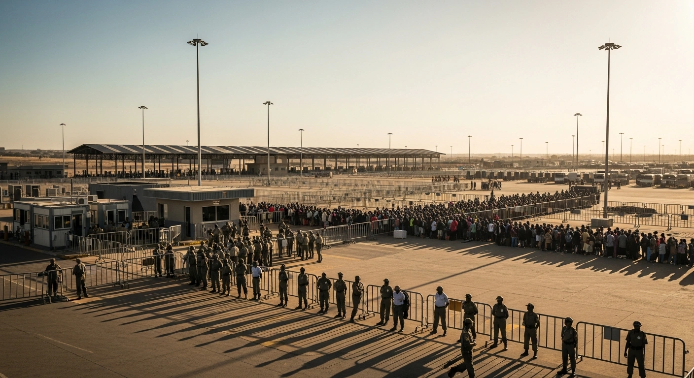 South African authorities process a large group of undocumented migrants at the Beitbridge border post during a major immigration enforcement operation.