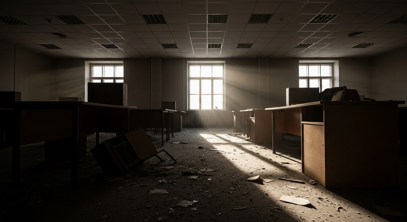 An abandoned newsroom, dimly lit by a single shaft of light, symbolizing the liquidation of the independent news agency BelaPAN by the Economic Court of Minsk amidst a broader crackdown on independent media in Belarus, which led to journalists receiving prison sentences.
