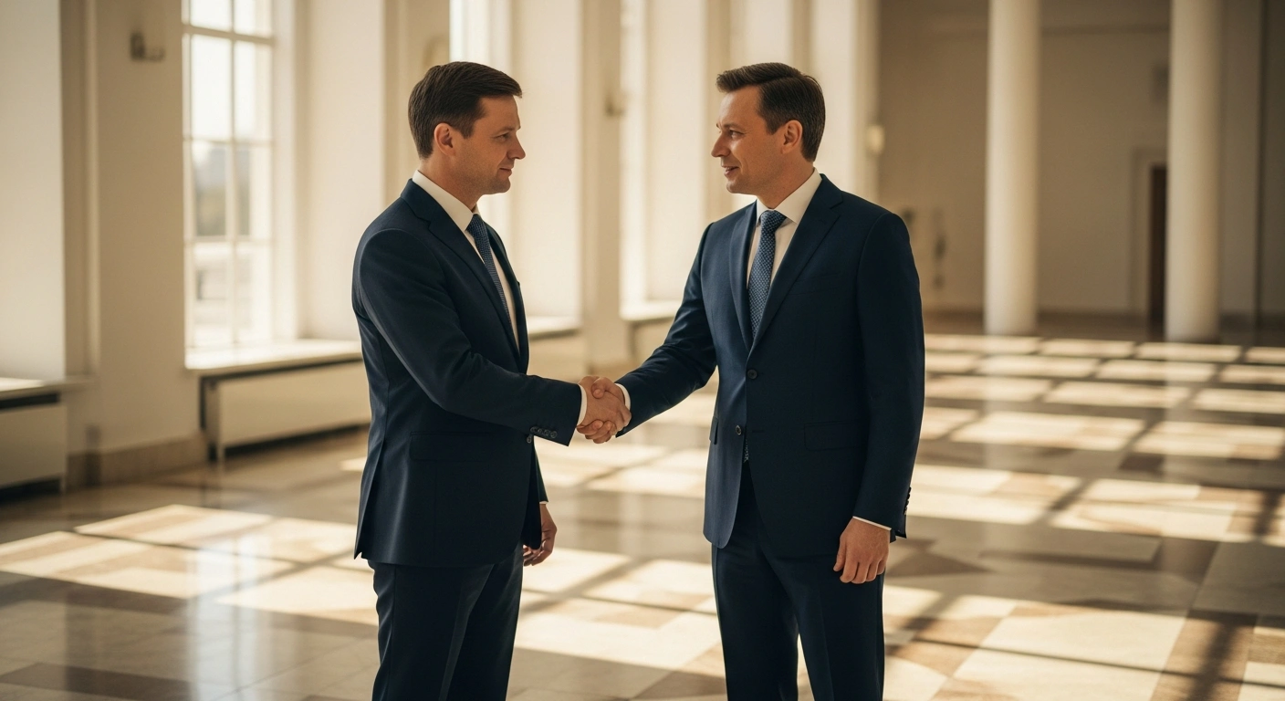 Belarusian Prime Minister Roman Golovchenko and Chinese Vice President Han Zheng shake hands during a diplomatic meeting in Minsk to discuss bilateral cooperation.
